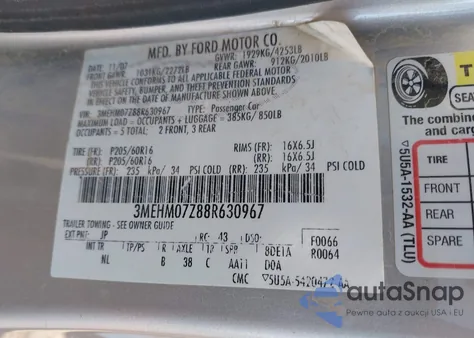 2008 Mercury Milan I4 from USA, damaged, VIN 3MEHM07Z88R630967